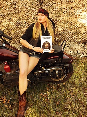 Biker Babe Model with Shakespeare and the Brothers Book by Robert Haas